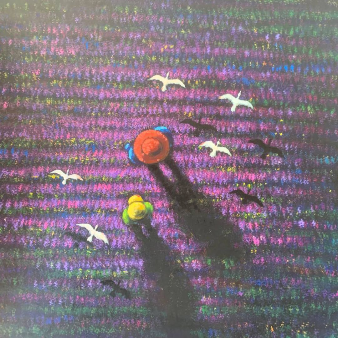 A painting featuring birds flying in a vibrant sky.